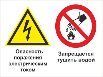 Кз 95 опасность поражения электрическим током. запрещается тушить водой. (пластик, 400х300 мм) - Знаки безопасности - Комбинированные знаки безопасности - магазин "Охрана труда и Техника безопасности"